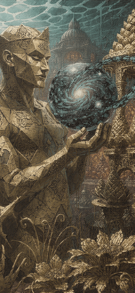 Geometric King Holding Cosmic Orb in Temple