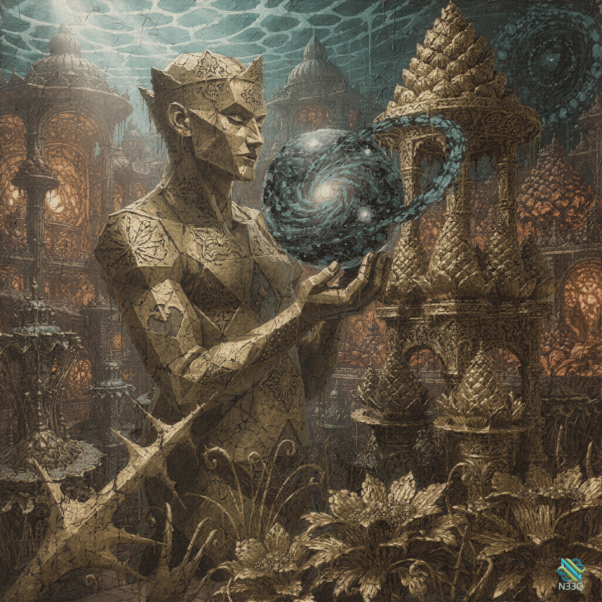 Geometric King Holding Cosmic Orb in Temple
