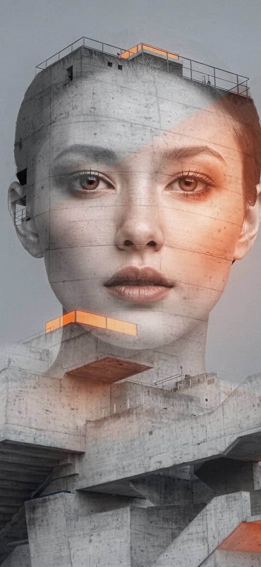 Woman's Face Merged with Concrete Architecture