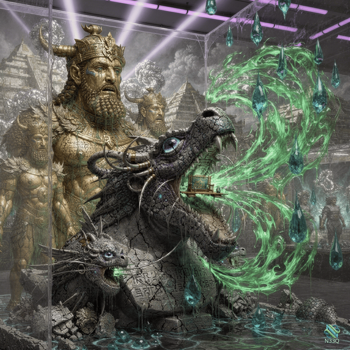 Cracked Stone Dragon Amid Golden Statues
