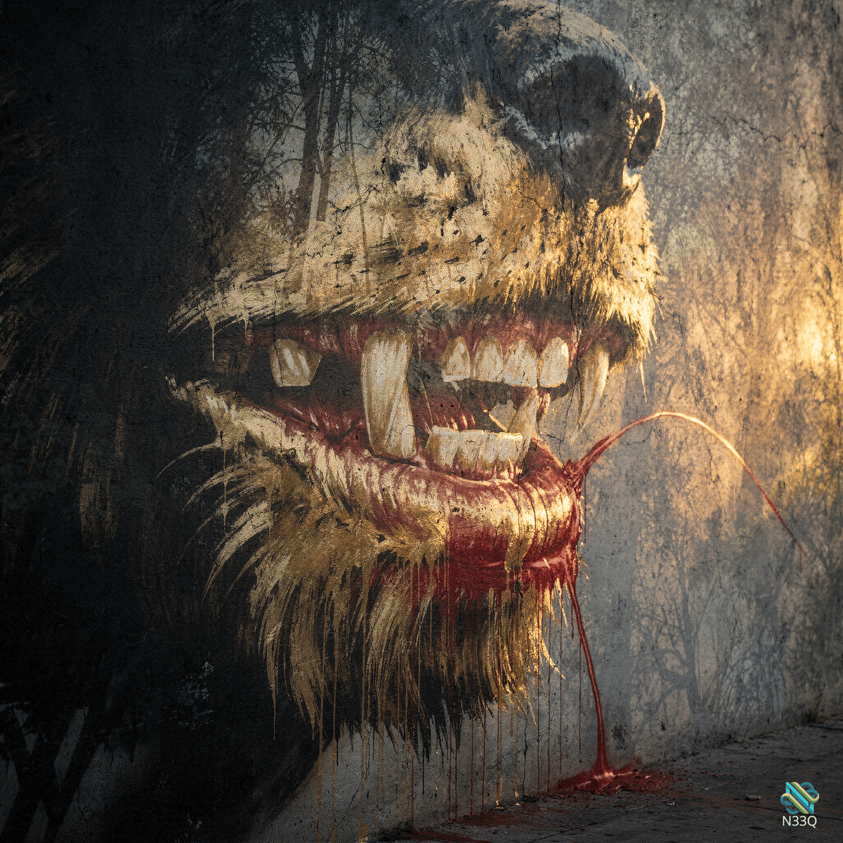 Bloody Lion Graffiti Mural on Wall