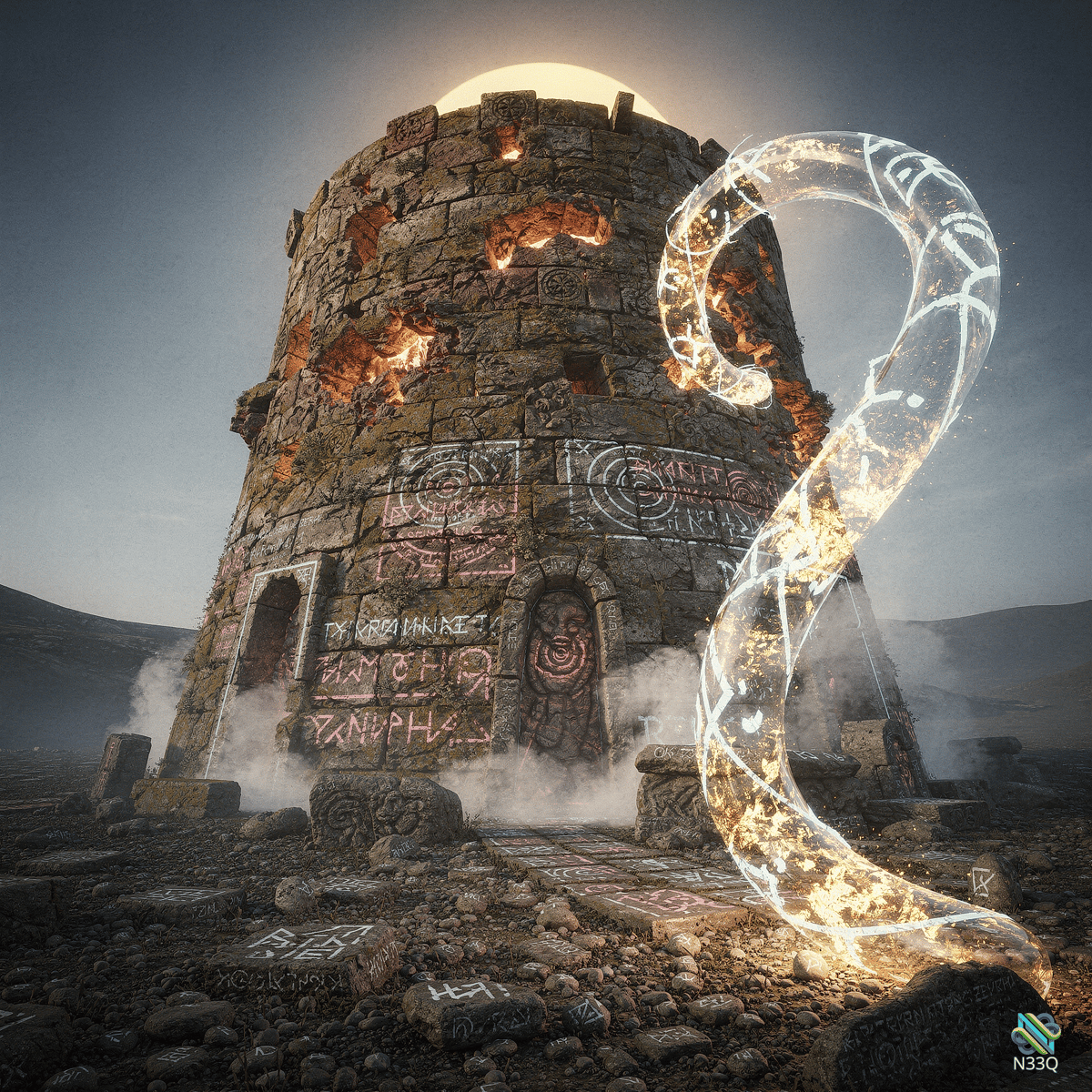 Ancient Tower with Fiery Serpent Spirit
