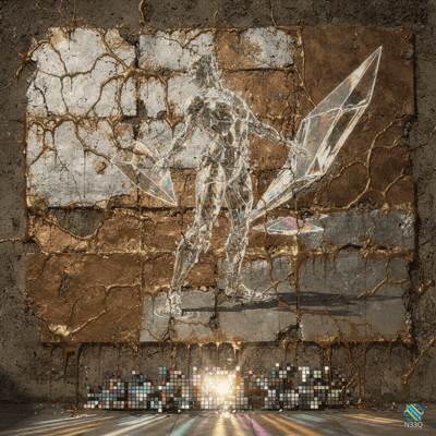 Glass Warrior with Crystal Blade on a Cracked Gold Wall