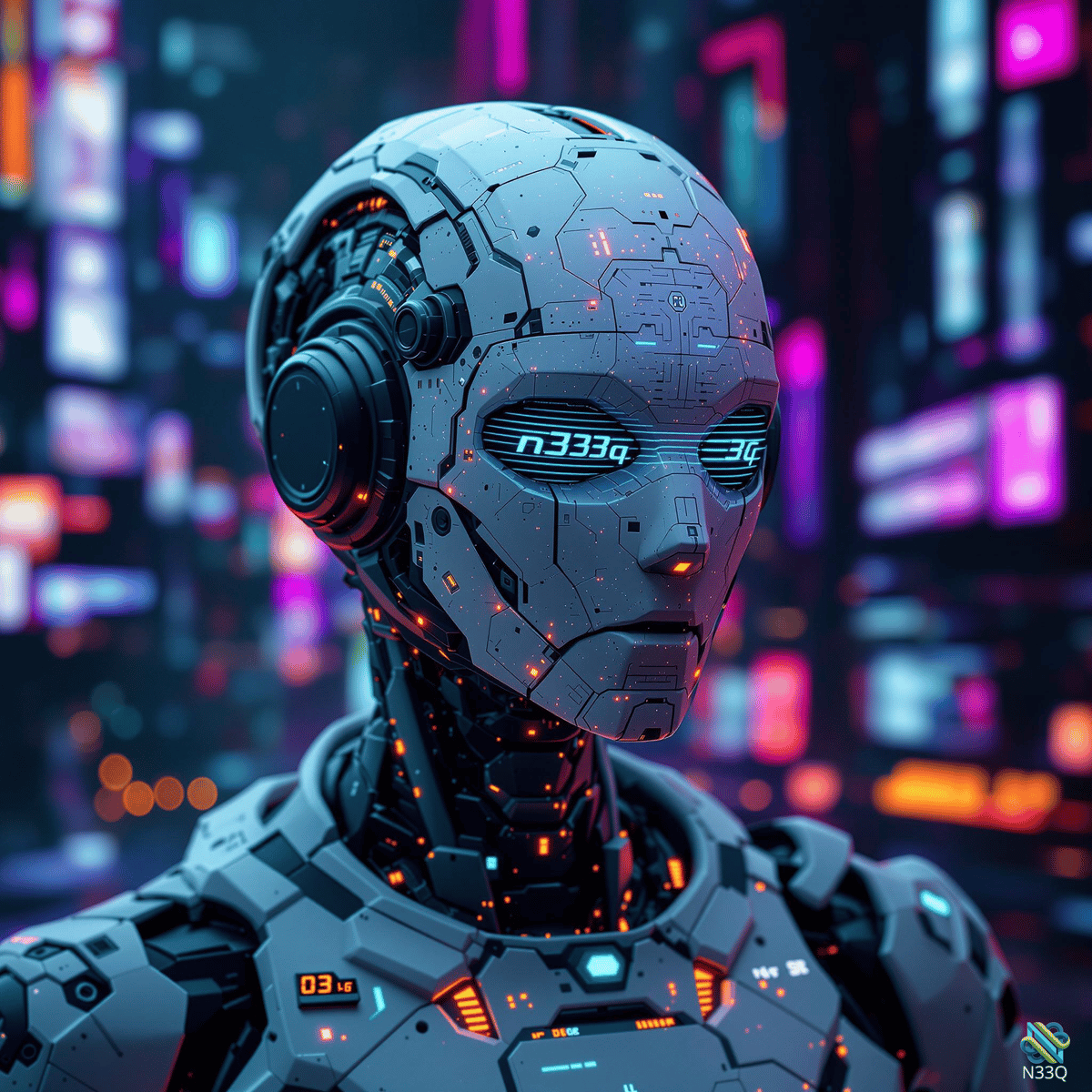 Cyberpunk Cyborg in Neon Cityscape