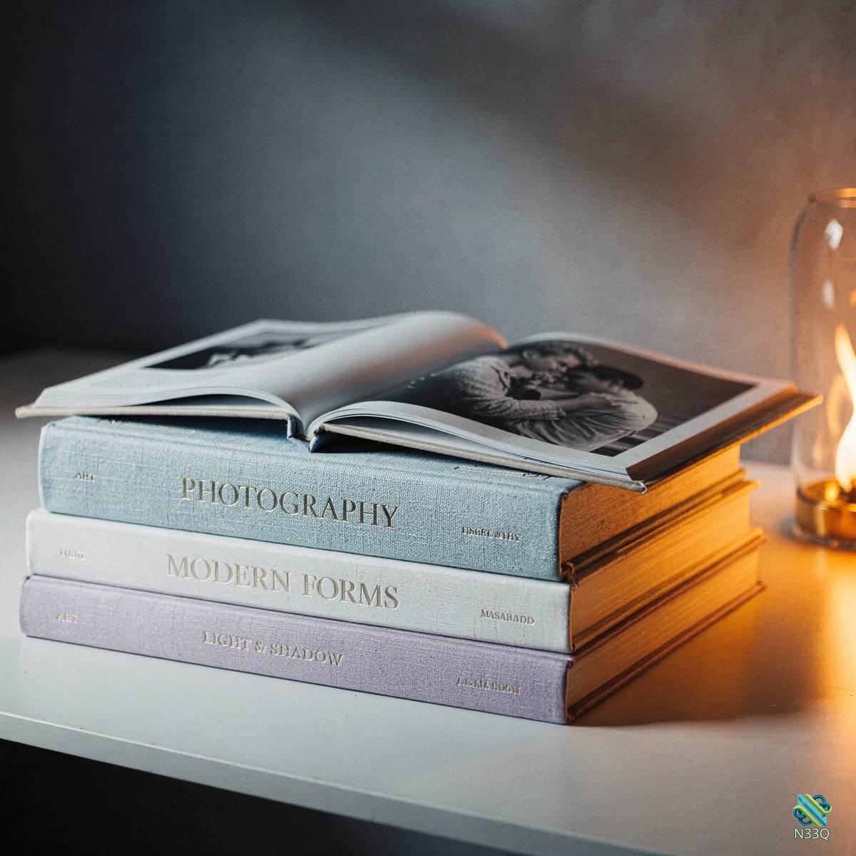 Stack of Photography Books by Candle