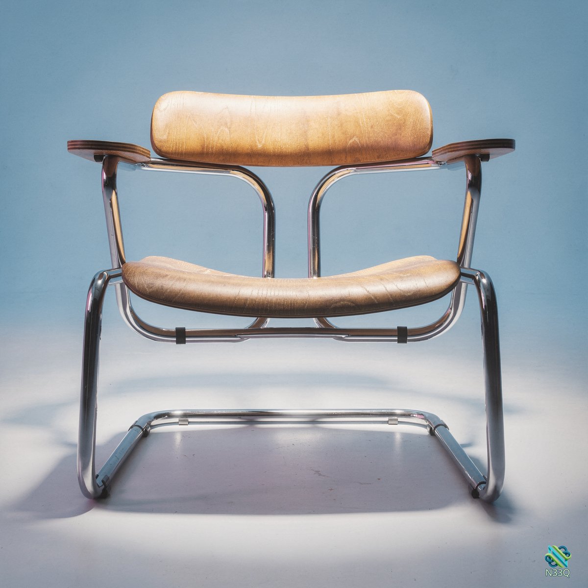 Chrome and Wood Cantilever Armchair