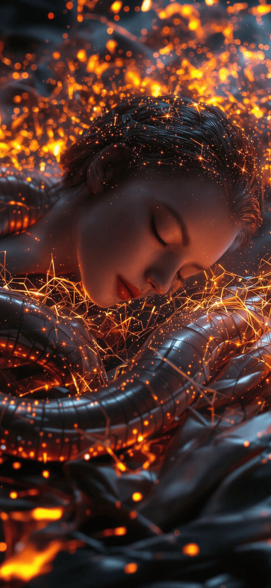 Woman Entwined with Glowing Mechanical Serpent