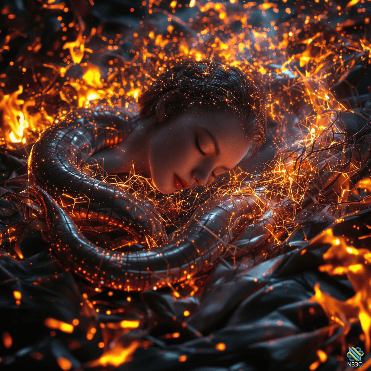 Woman Entwined with Glowing Mechanical Serpent