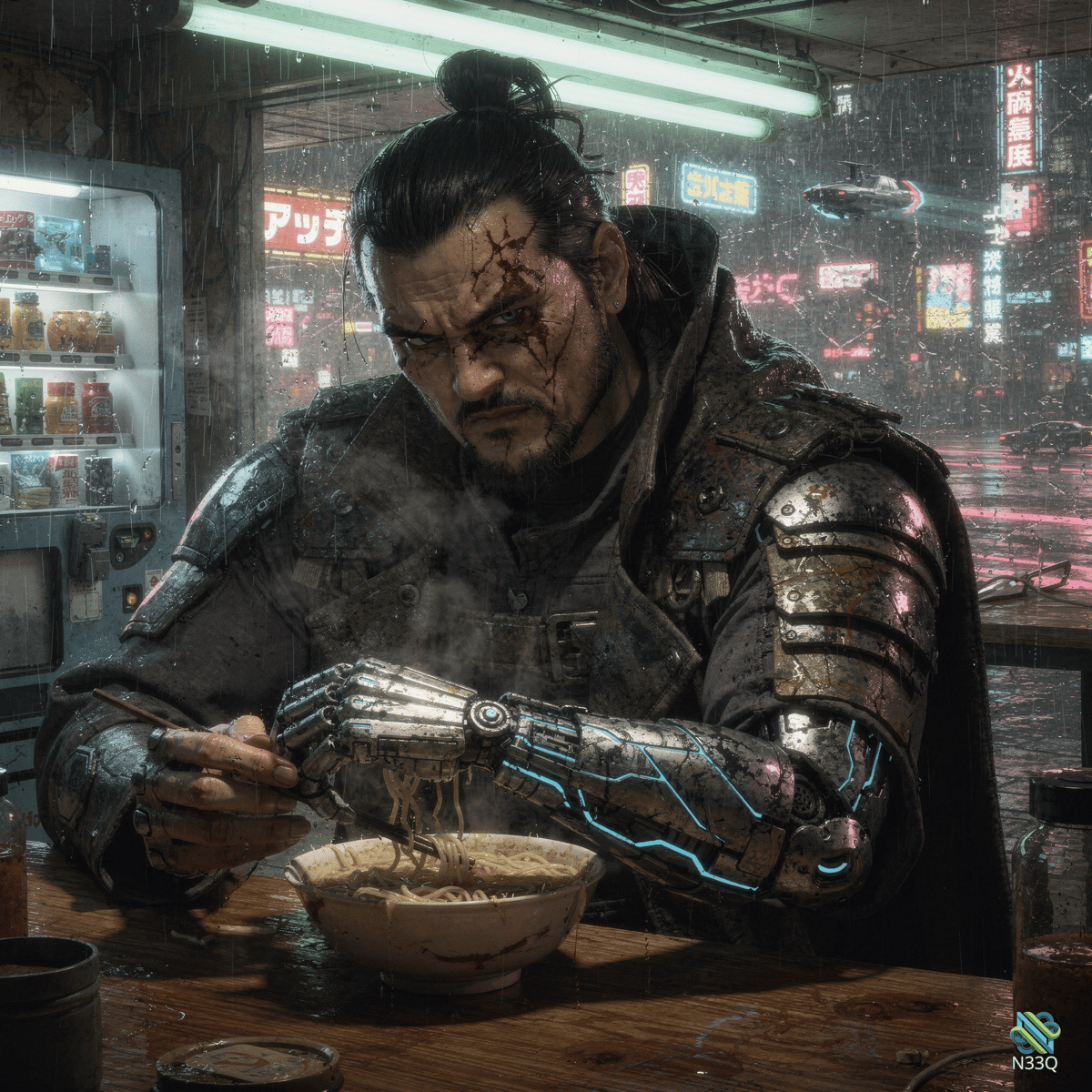 Cyberpunk Warrior Eating Ramen in Rain