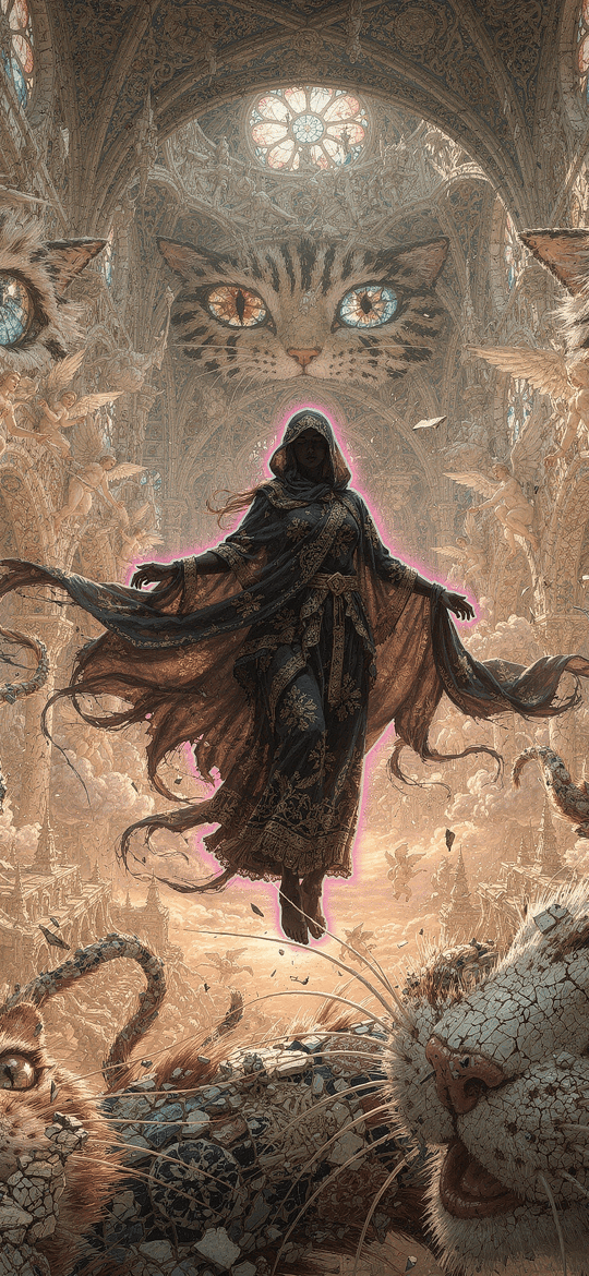 Hooded Figure Among Giant Stone Cats
