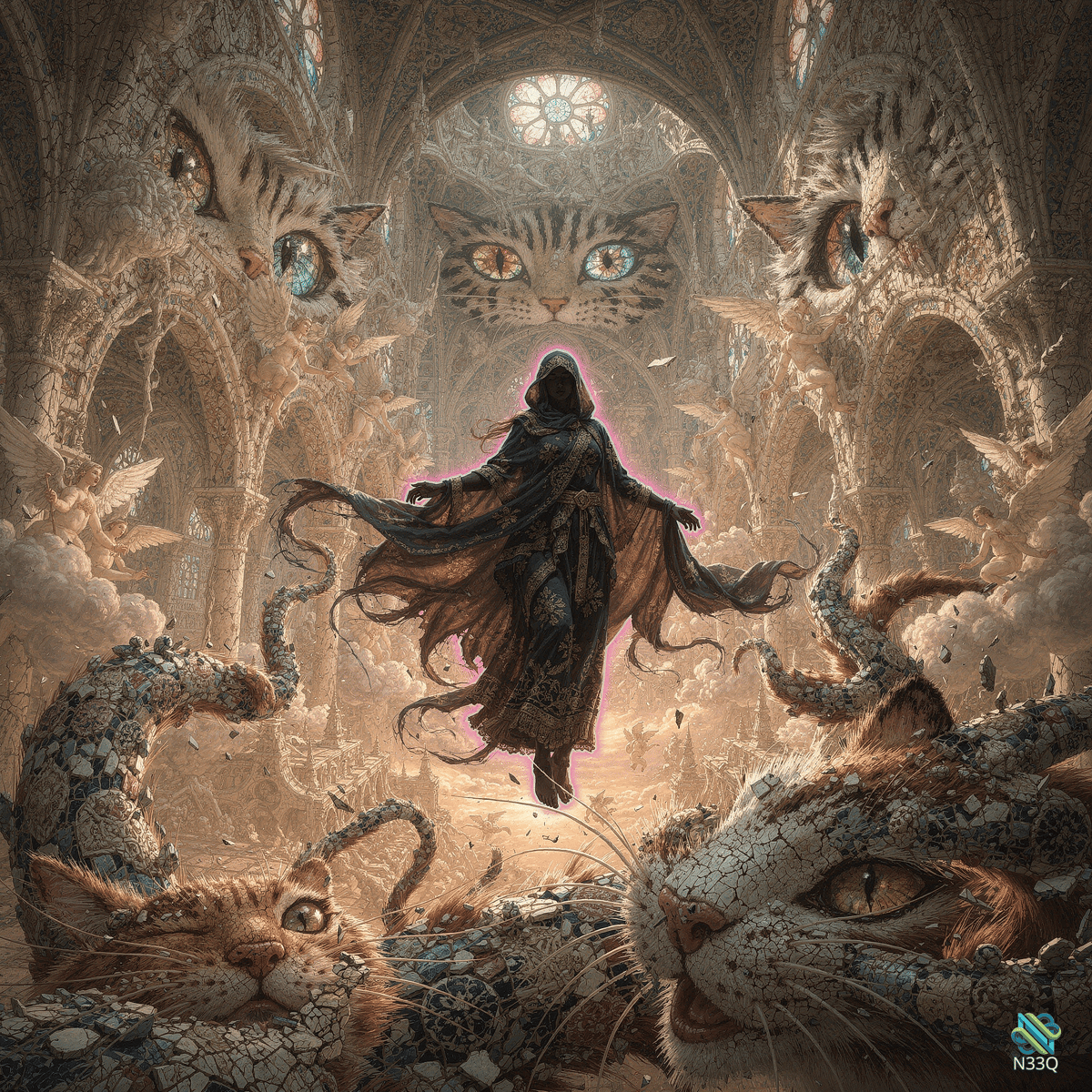 Hooded Figure Among Giant Stone Cats