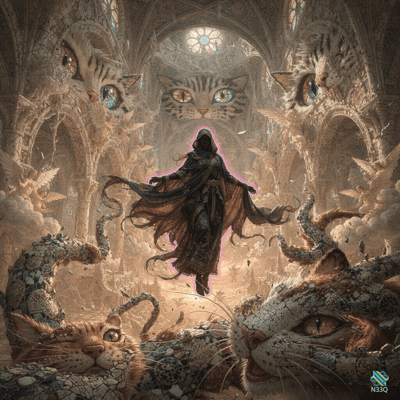 Hooded Figure Among Giant Stone Cats