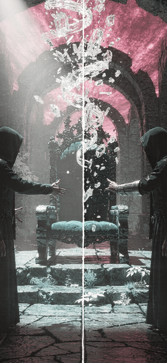 Mirrored Hooded Figures Before an Empty Throne