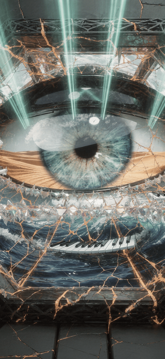 Giant Eye Framed by Spiraling Piano Keys