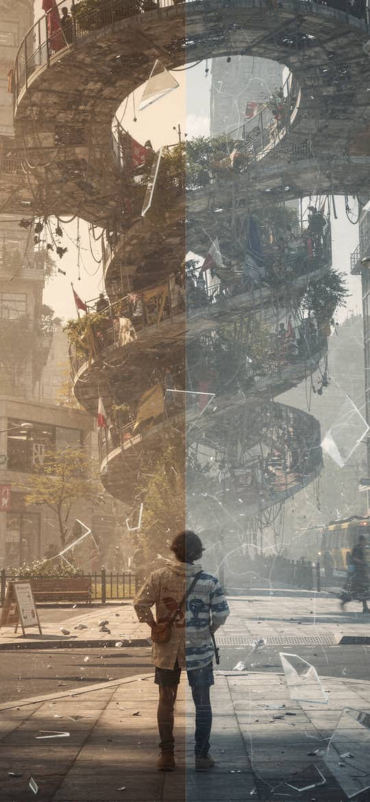 Lone Figure Before Shattered Spiral Ruins