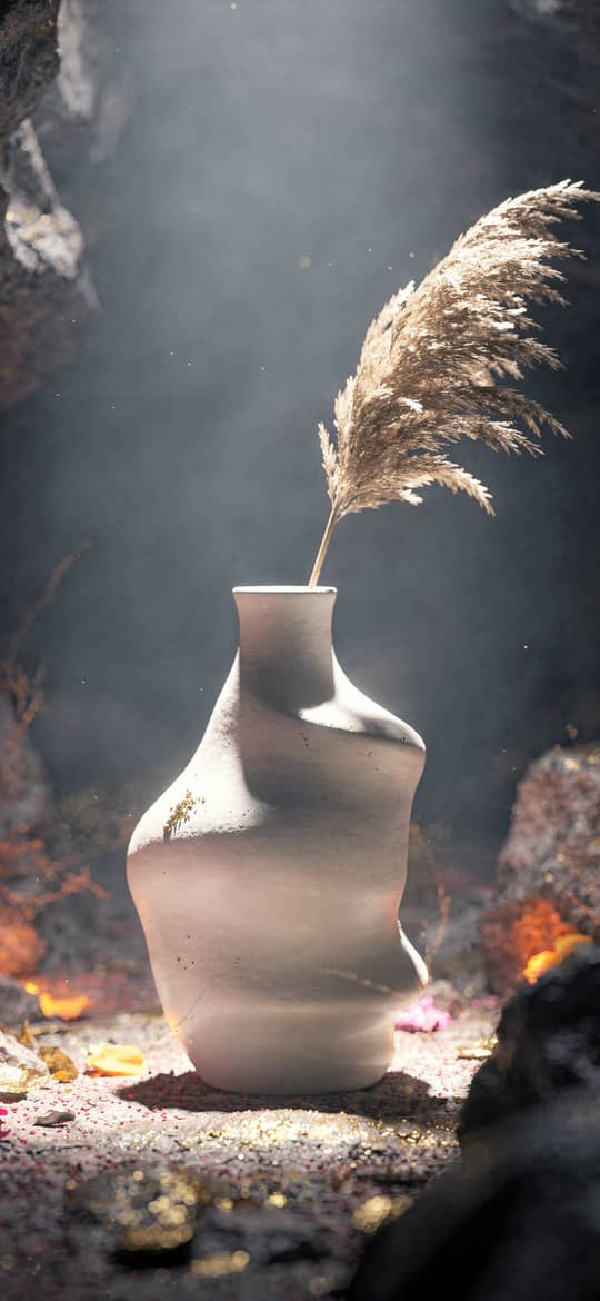 White Ceramic Vase with Pampas Grass in Cave