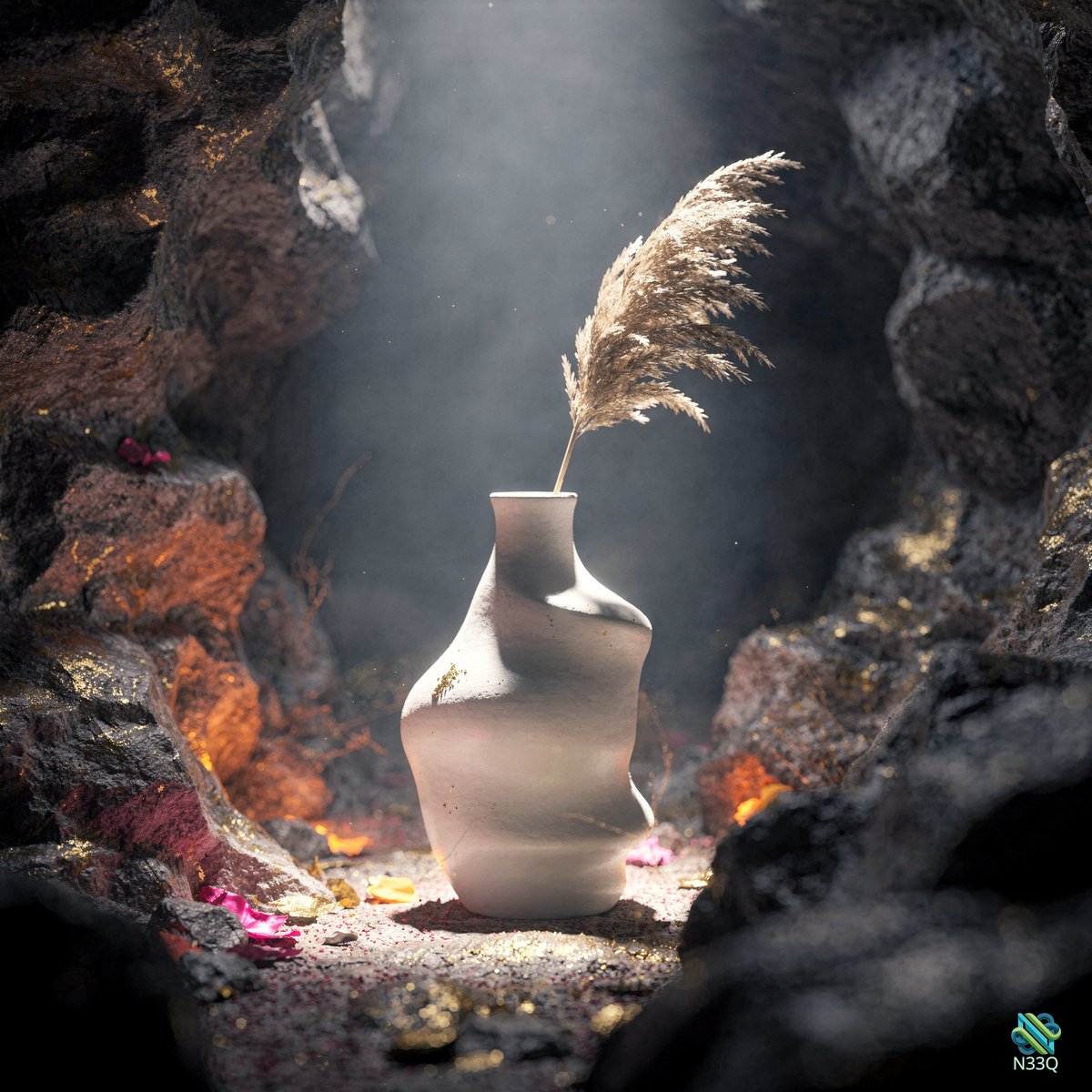 White Ceramic Vase with Pampas Grass in Cave