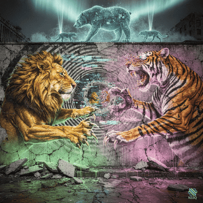 Lion and Tiger Clash Under Pixel Bear