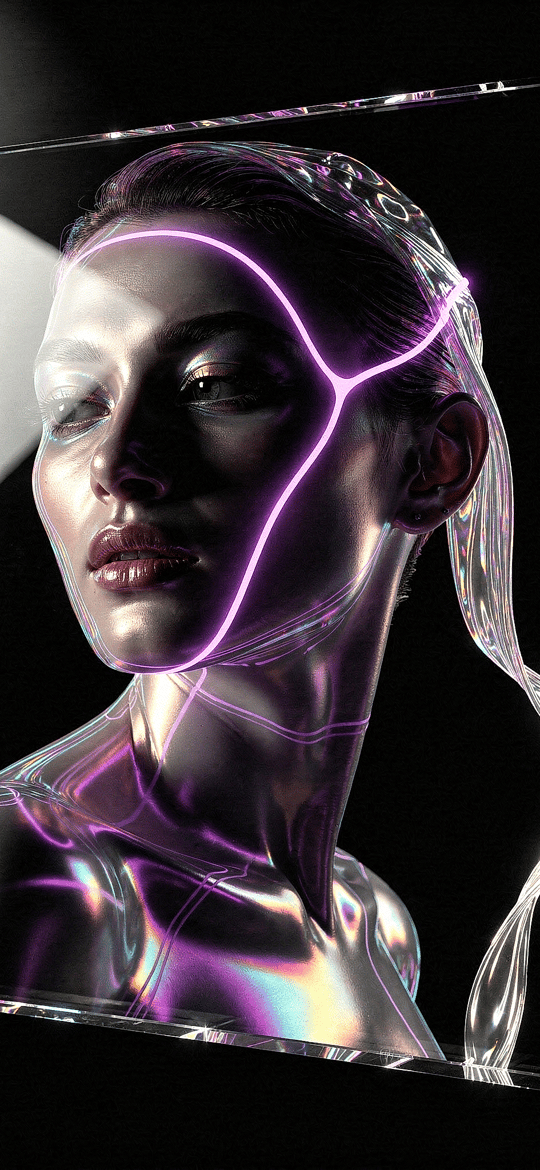 Glass Portrait of a Woman with a Glowing Purple Line