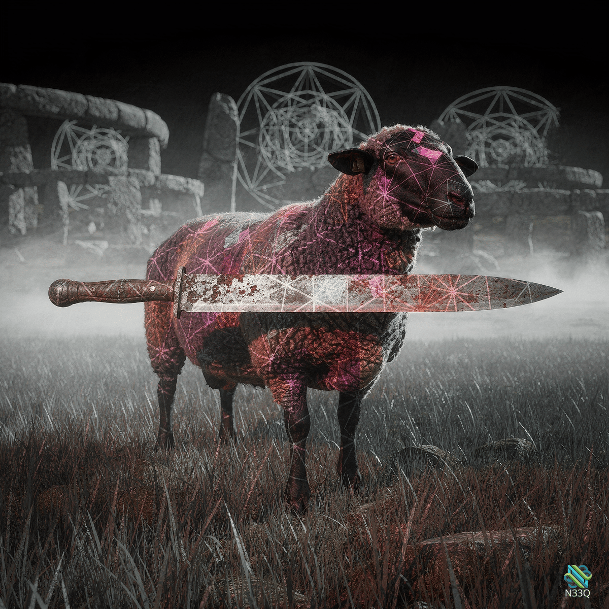 Glowing Sheep Impaled by Sword in Ruins