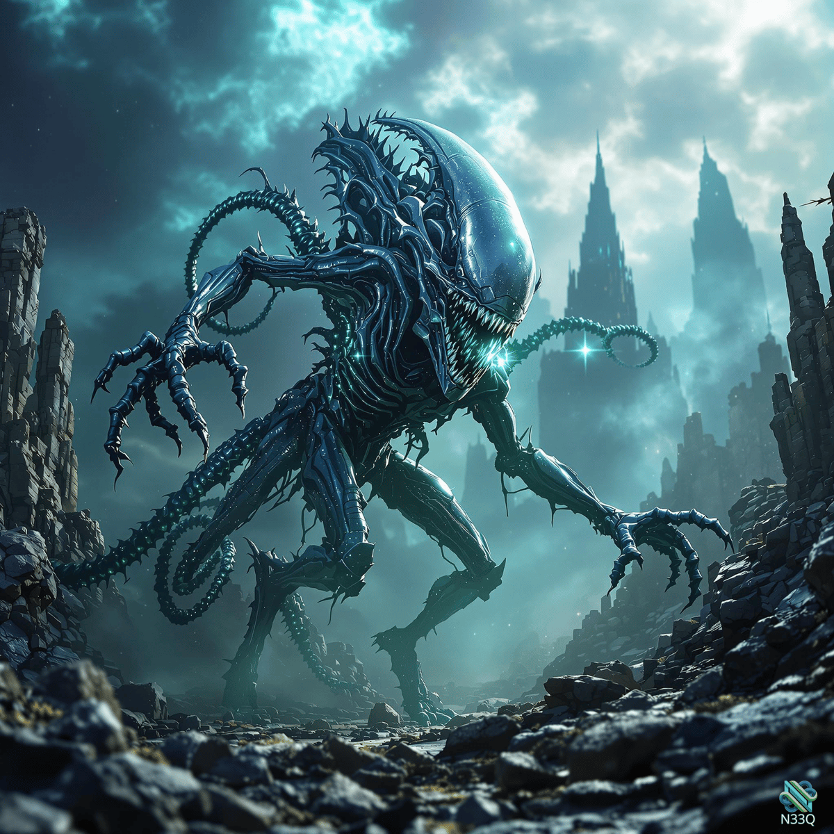 Xenomorph in Stormy Futuristic Ruins