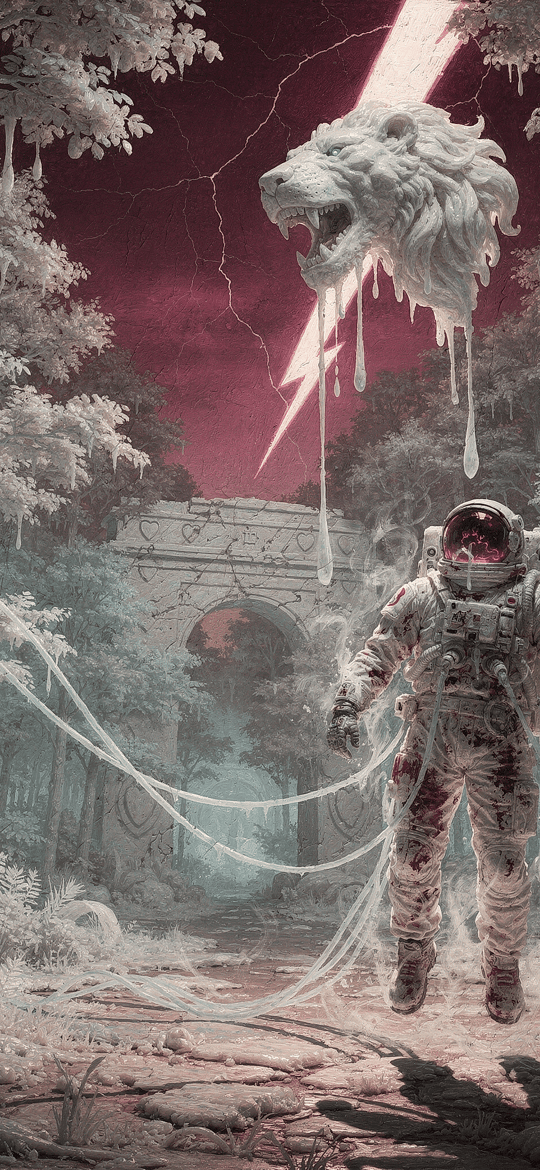 Astronaut Beneath a Dripping Lion Head in a Pale Forest