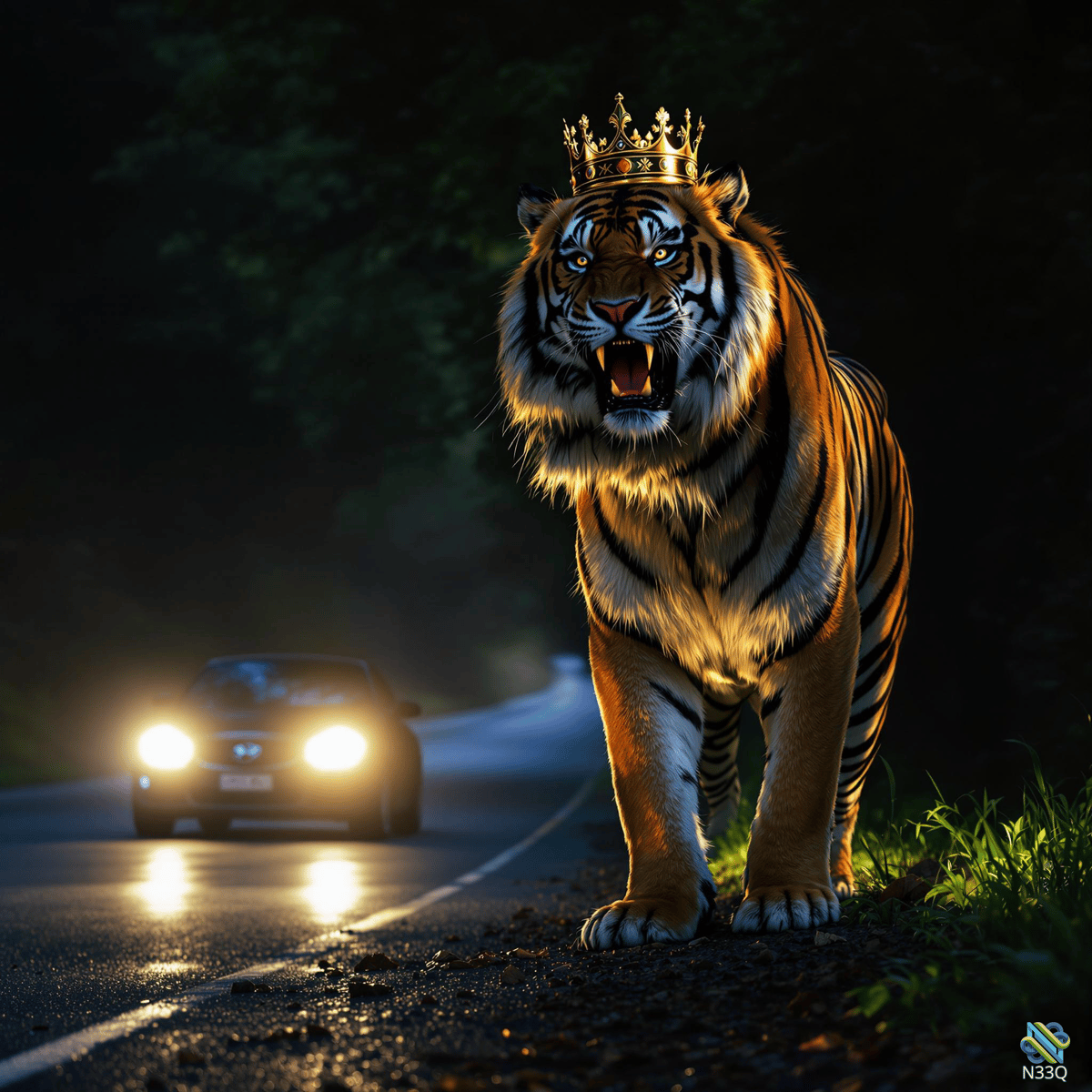 Crowned Tiger on Nighttime Road