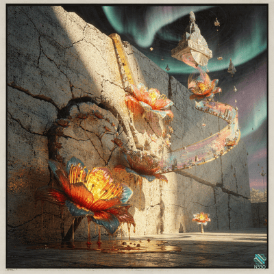 Glowing Flowers on Cracked Concrete Wall