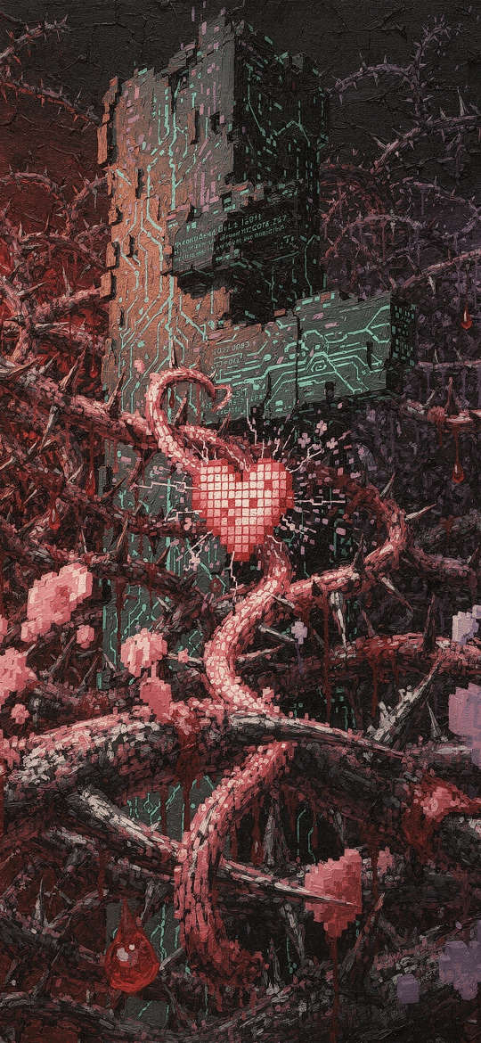 Pixel Heart on Circuit Cross with Thorns