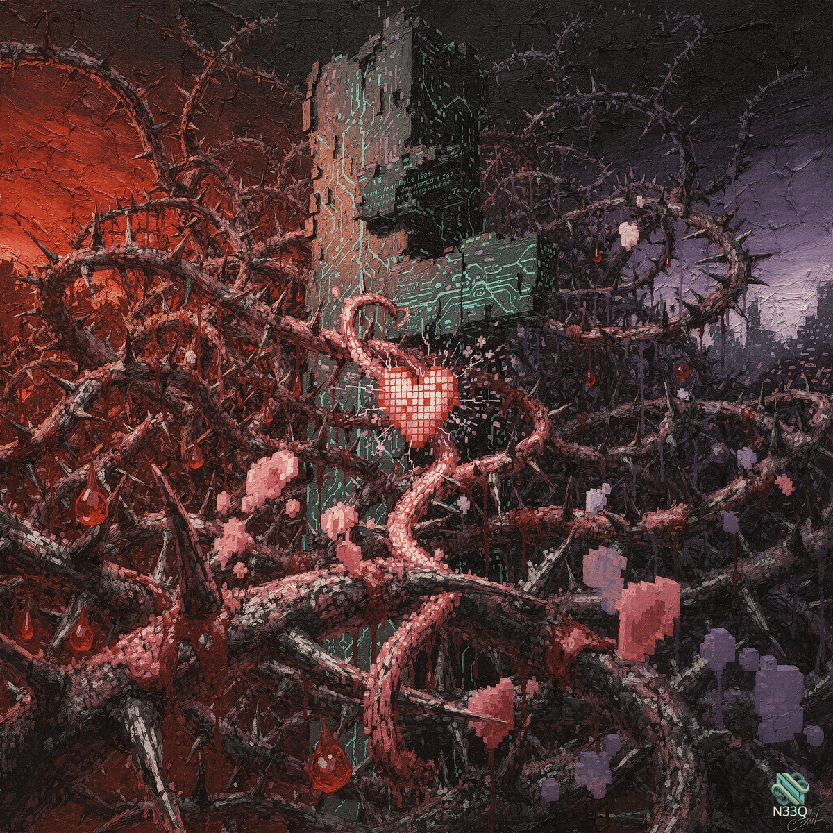 Pixel Heart on Circuit Cross with Thorns