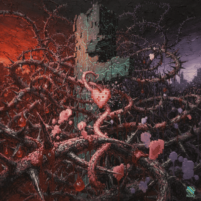 Pixel Heart on Circuit Cross with Thorns