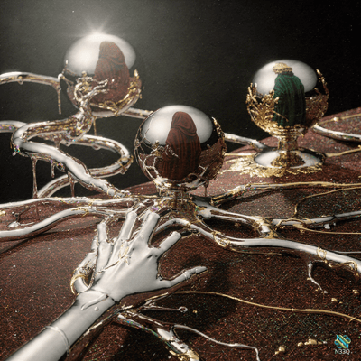 Metallic Hand with Reflective Spheres and Robed Figures
