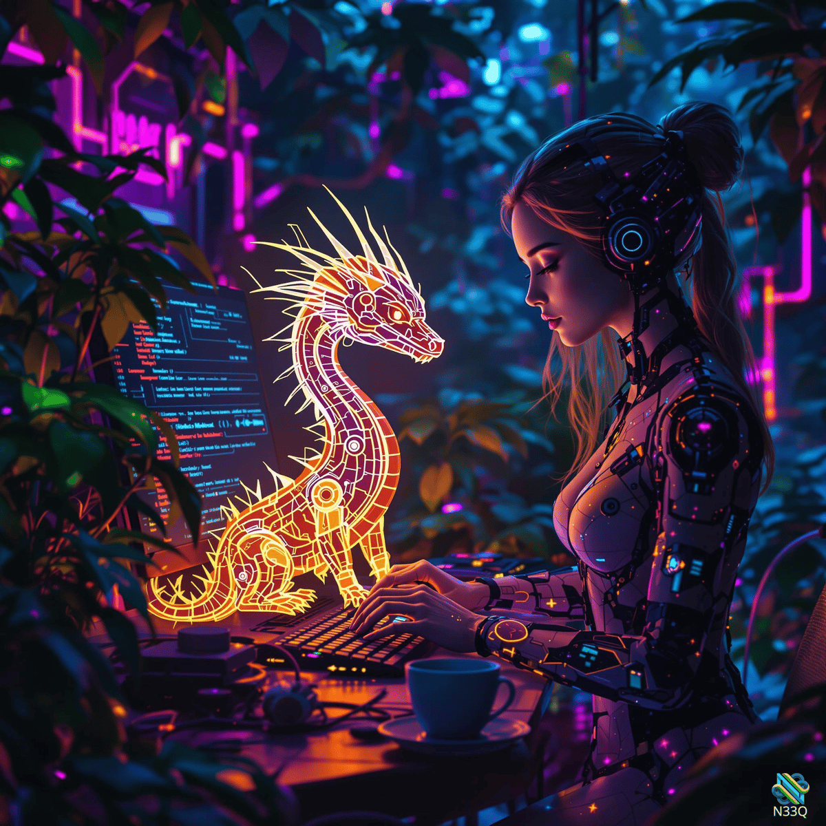 Cyborg Woman With Holographic Neon Dragon