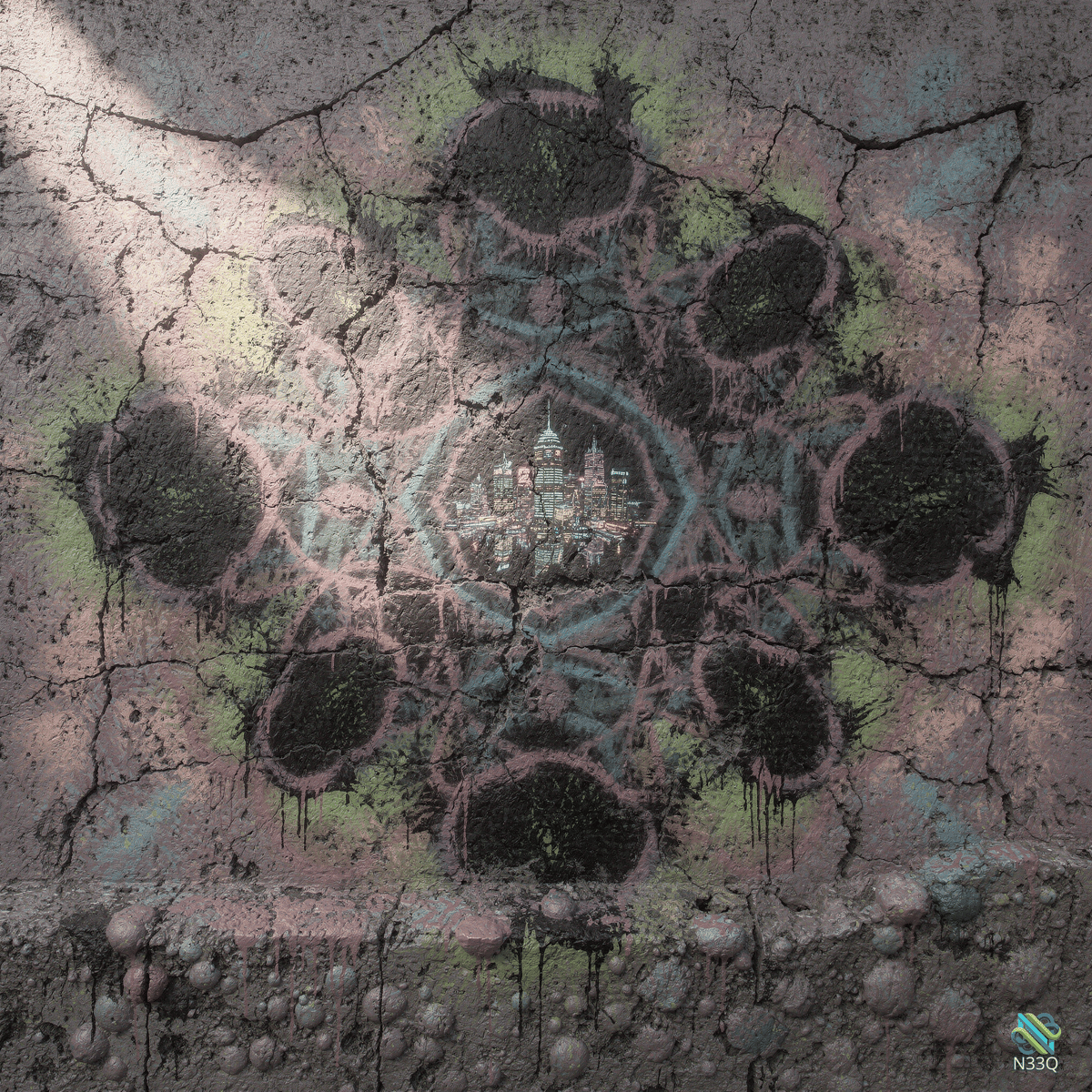 Cityscape Mandala on Cracked Wall