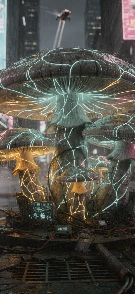Neon Glowing Mushrooms in Cyberpunk City Street