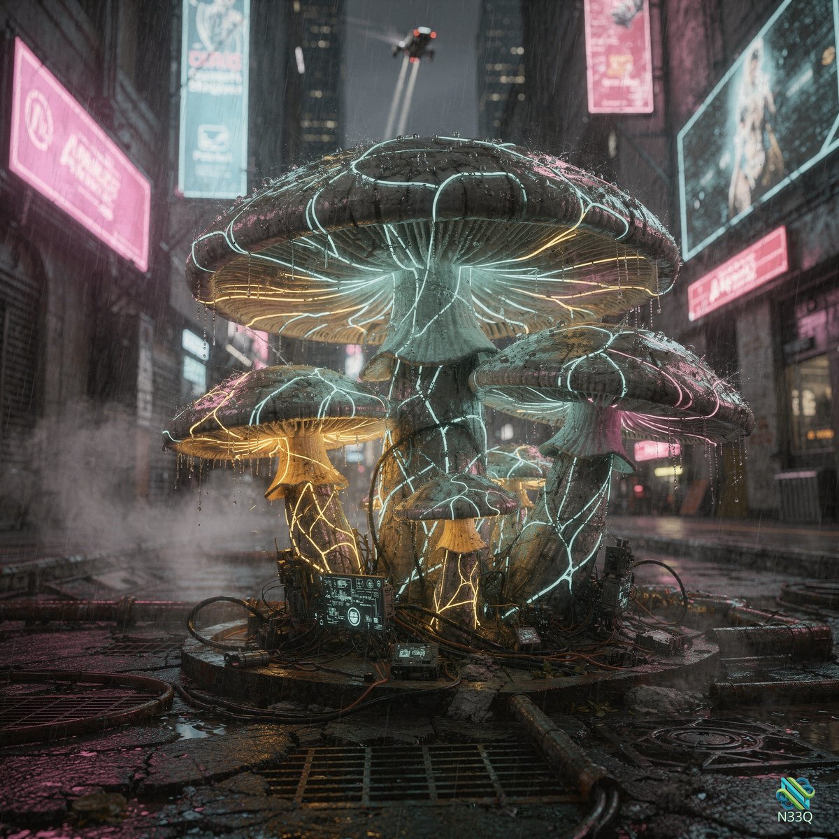 Neon Glowing Mushrooms in Cyberpunk City Street