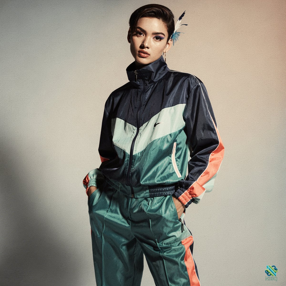 Woman in Retro Colorblock Tracksuit