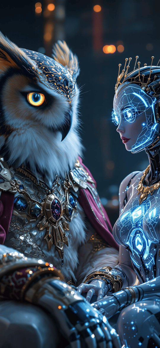 Owl King and Robotic Bride Holding Hands