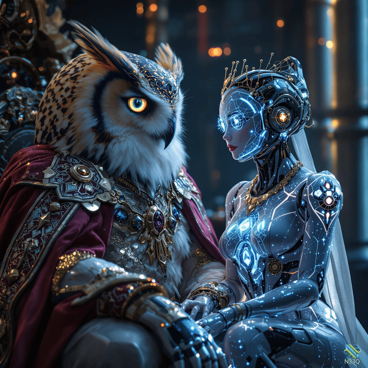Owl King and Robotic Bride Holding Hands