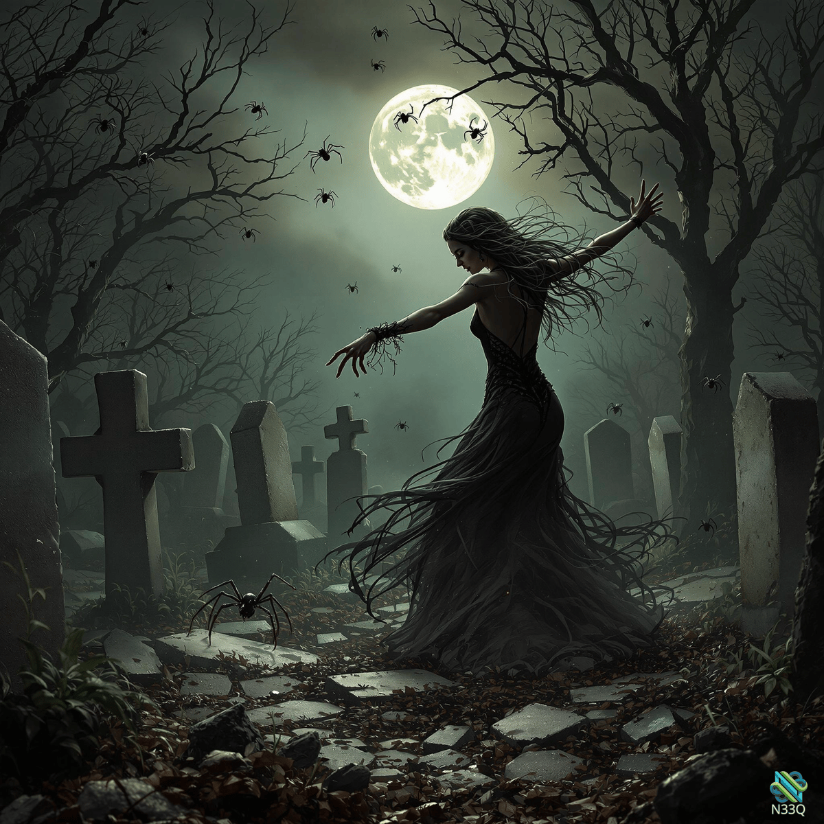 Woman Dancing Among Spiders in Graveyard