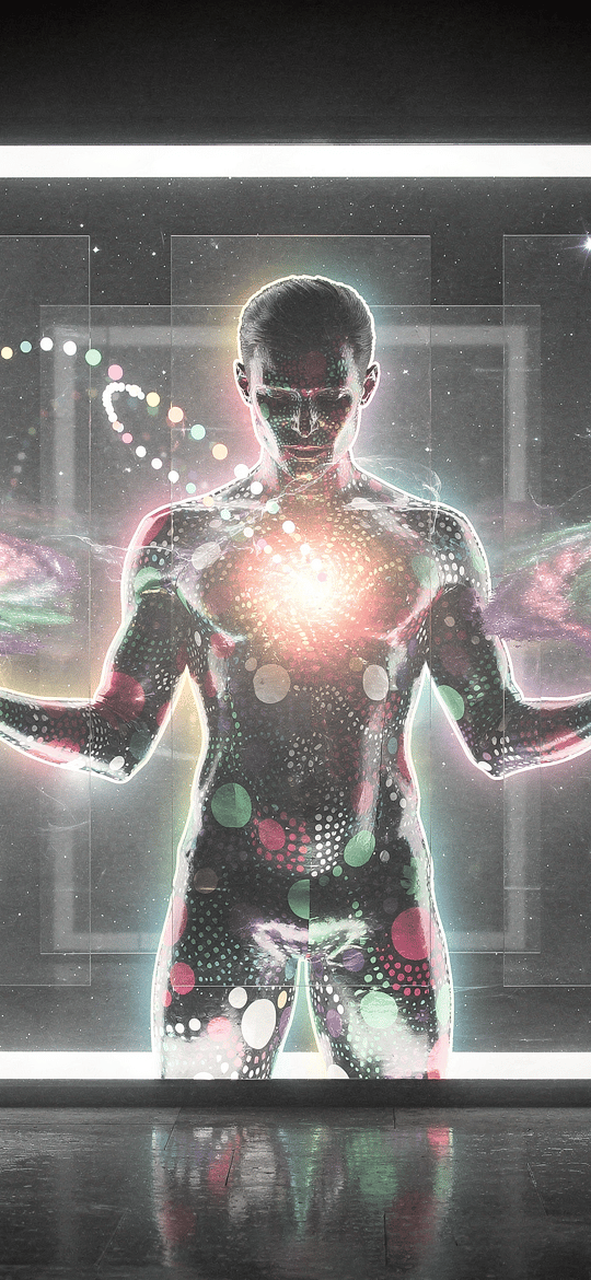 Glowing Man Holding Two Spiral Galaxies