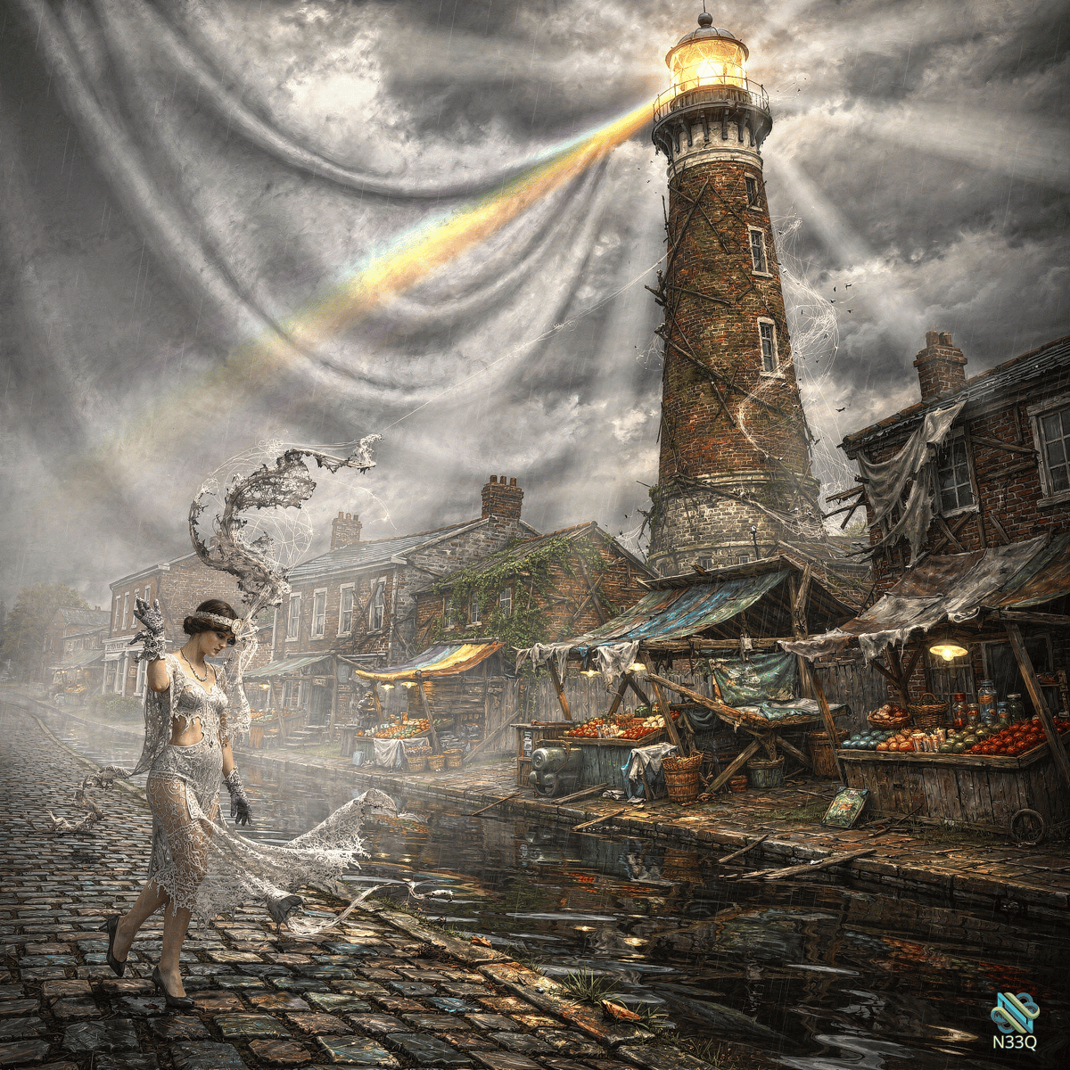 Woman in Lace Dress by Stormy Lighthouse