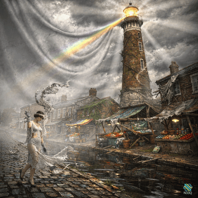 Woman in Lace Dress by Stormy Lighthouse
