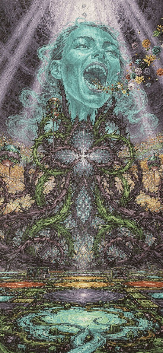 Screaming Cyan Face Over Thorny Vines
