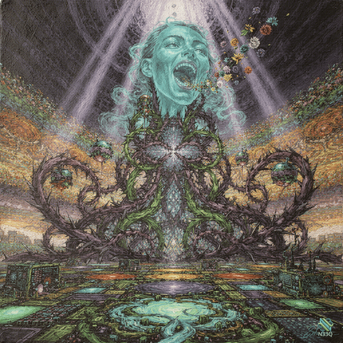 Screaming Cyan Face Over Thorny Vines