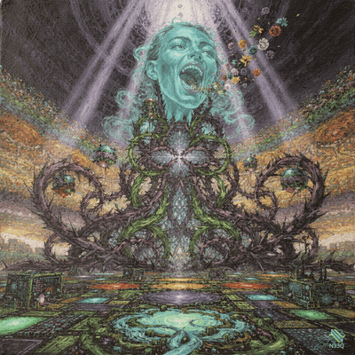 Screaming Cyan Face Over Thorny Vines