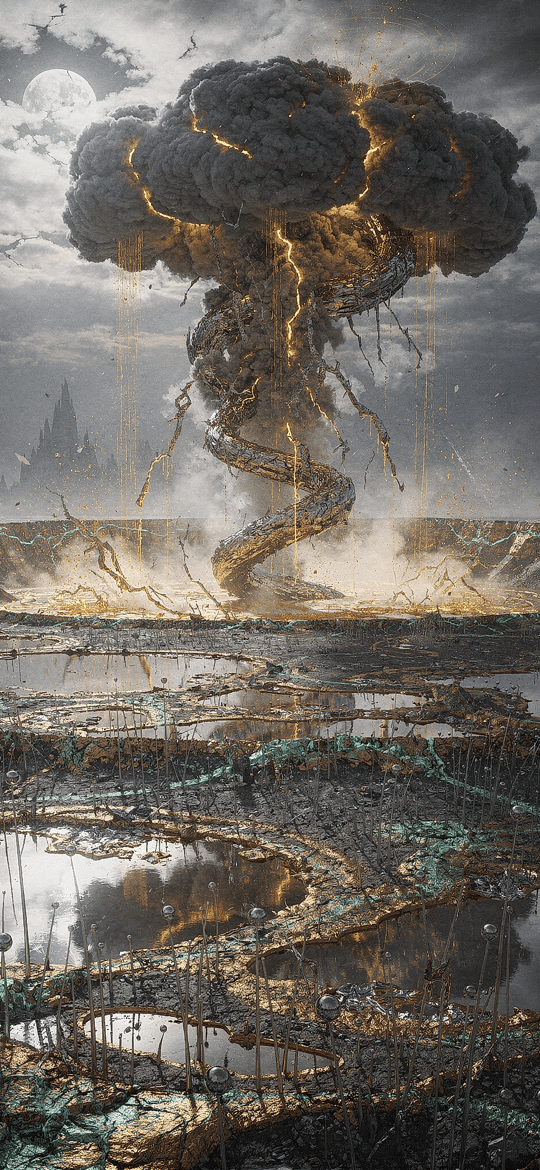 Mushroom Cloud with Golden Lightning Over Cracked Land