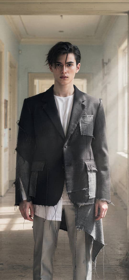 Young Man in Torn Black Blazer in Derelict Hallway