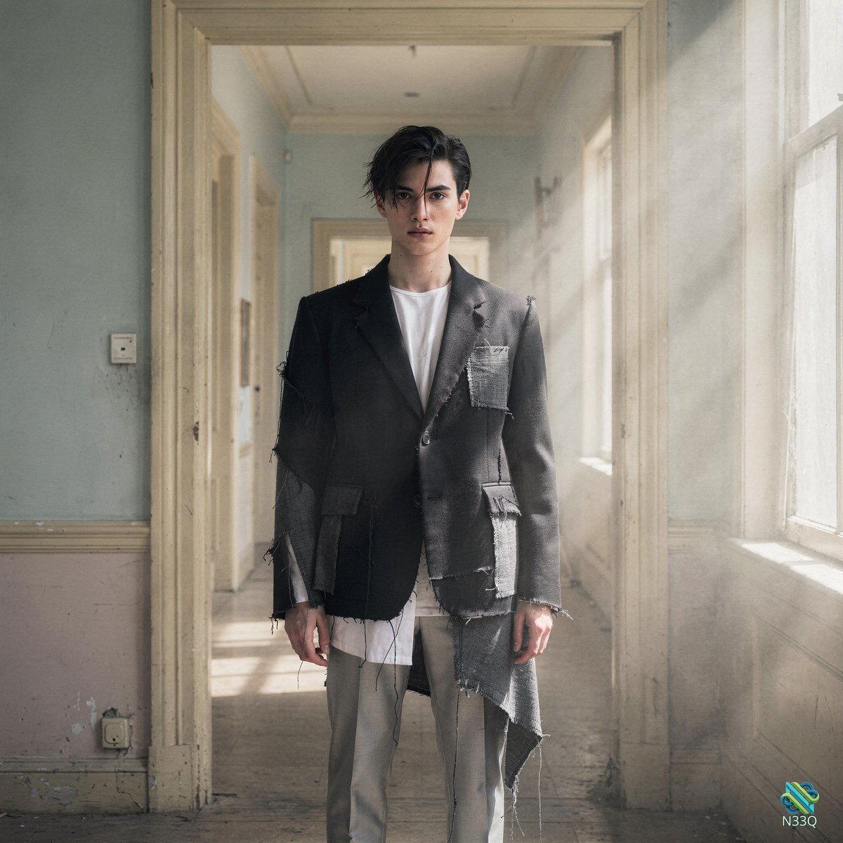 Young Man in Torn Black Blazer in Derelict Hallway