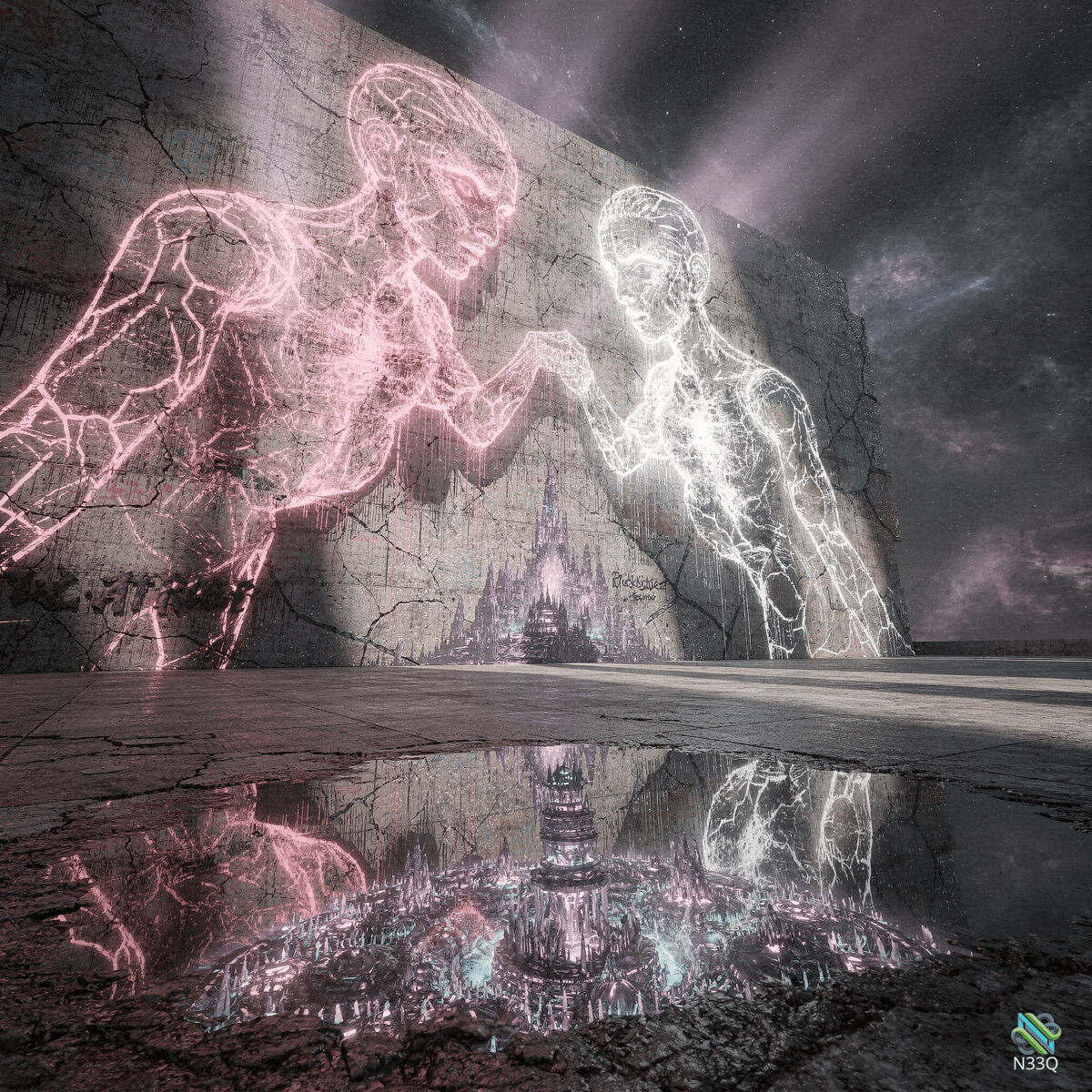 Neon Figures Touching Hands Over Castle Puddle